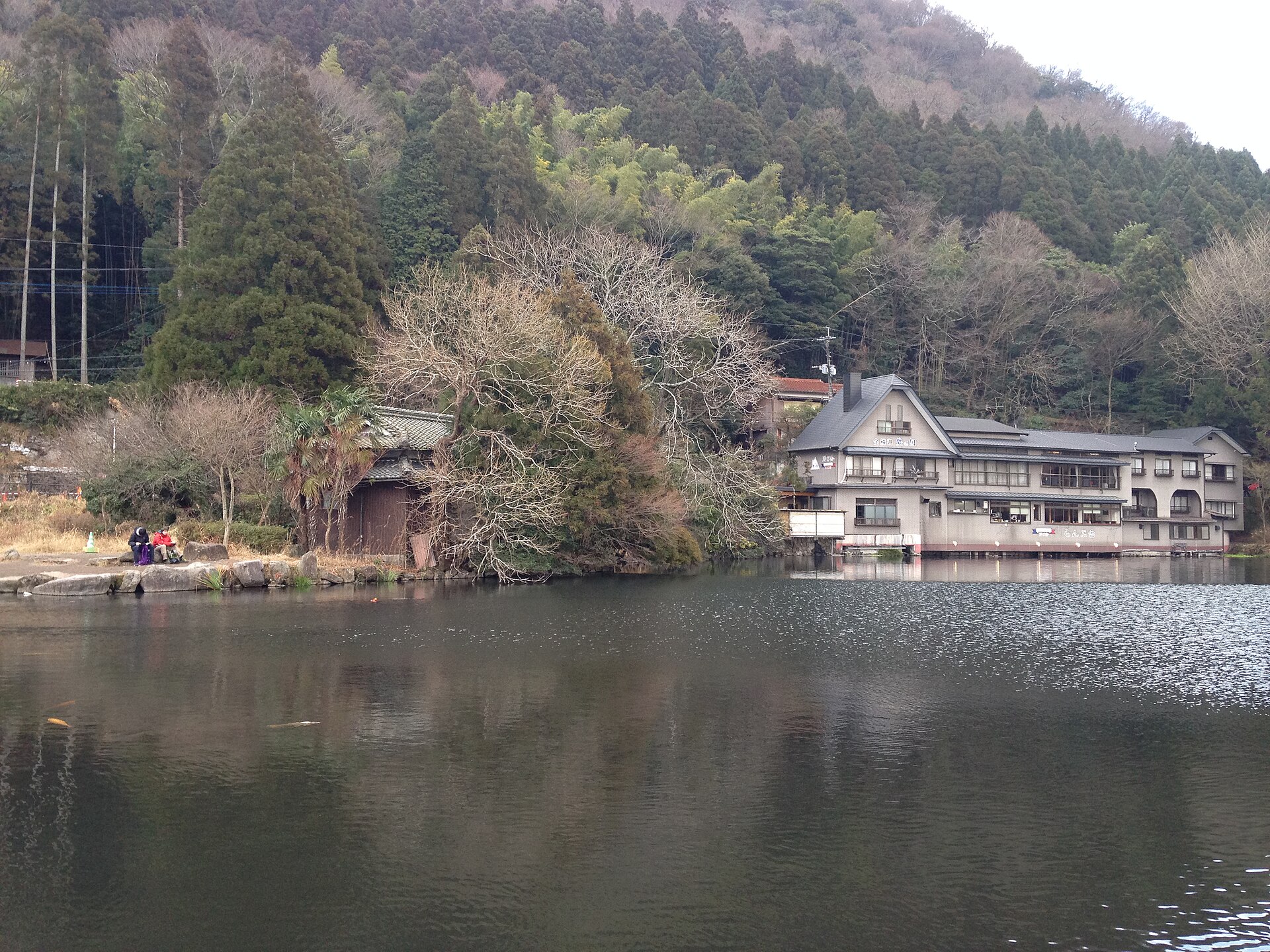 由布院・金鱗湖の北西岸から見た湖畔（2014年撮影）